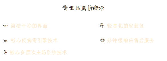 文本框: 專(zhuān)業(yè)品質(zhì)的繼承
&, #1;, 3;, &#, 10;, ;F,  簡(jiǎn)潔干凈的界面                I 輕量化的安裝包

@ 核心反病毒引擎技術(shù)               J 分鐘級(jí)響應(yīng)售后服務(wù)

C 核心多層次主防系統(tǒng)技術(shù)
