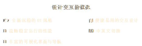 文本框: 設(shè)計(jì)交互的優(yōu)化

1 全新沉穩(wěn)的UI風(fēng)格              4 便捷易用的交互設(shè)計(jì) 

2 流暢穩(wěn)定運(yùn)行的性能              & 中英文切換 

3 豐富的可視化界面與導(dǎo)航
